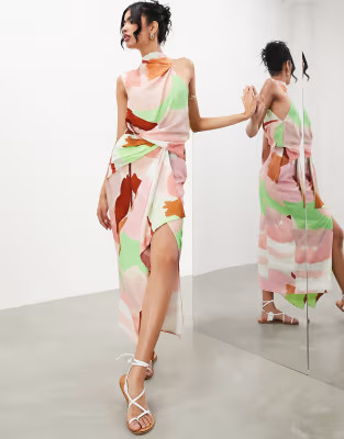 ASOS EDITION sleeveless high neck ruched detail maxi dress in abstract print | ASOS (Global)