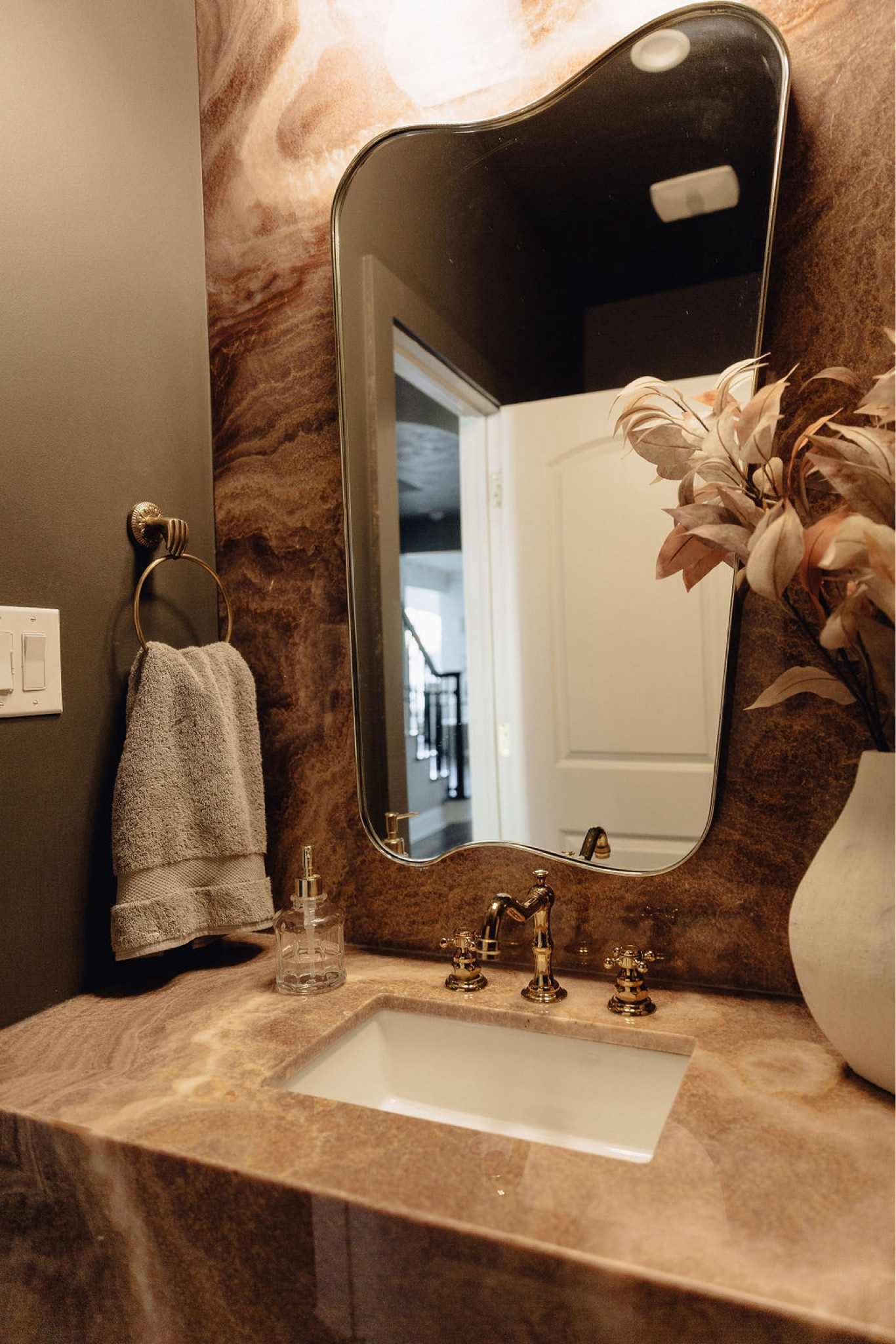 Bathroom // bathroom decor, bath, powder room, home decor, modern home decor, mirror, floating shelves, shelving, vanity, wall art, modern art, decorating, towels, rugs, neutrals, neutral home, decor, modern, minimalist, minimalist style, wall hanging decor, boho decor, neutrals, interior, interior design 
