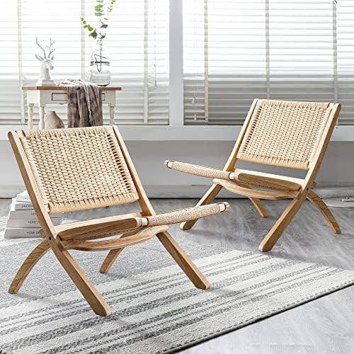 LUE BONA Folding Woven Leather Accent Chair, White Leather and Natural Wood, Midcentury Modern Lo... | Amazon (US)
