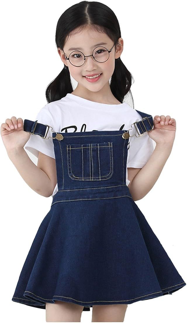 KIDSCOOL SPACE Little Girls Jean Overall Dress,Ripped Adjustable Denim Jumpers | Amazon (US)