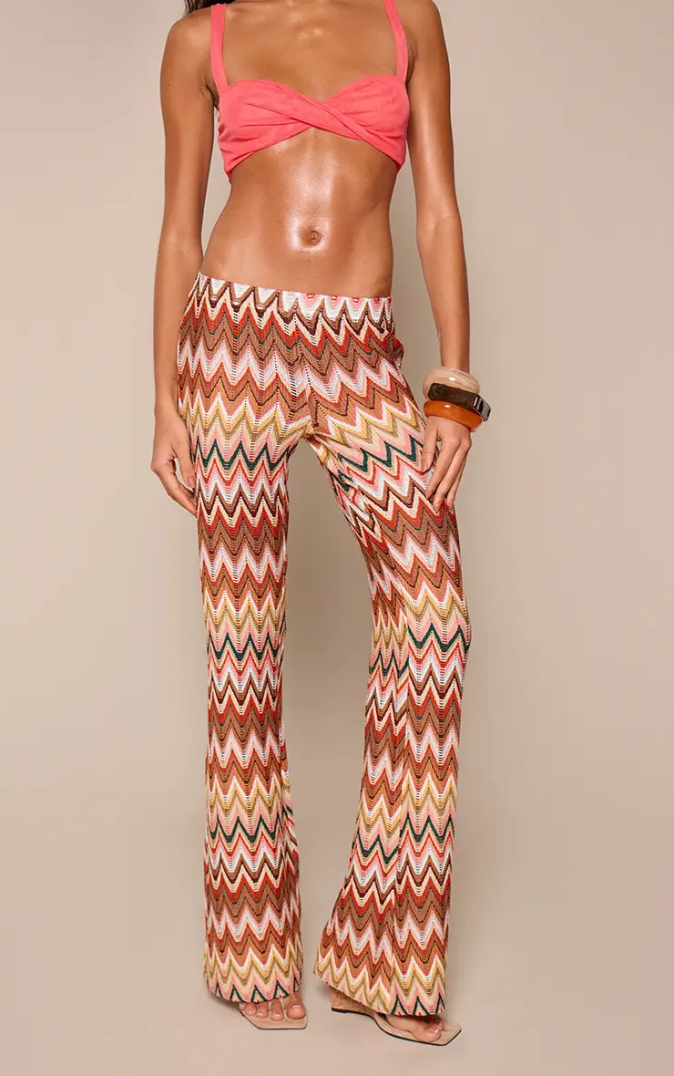 Multi Textured Printed Flared Trousers | PrettyLittleThing UK