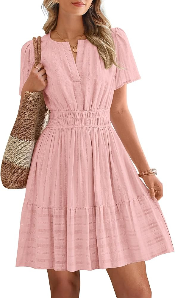 BTFBM Womens Spring 2026 Casual Mini Dresses Lightweight Short Sleeve V Neck Elastic Waist Cute B... | Amazon (US)