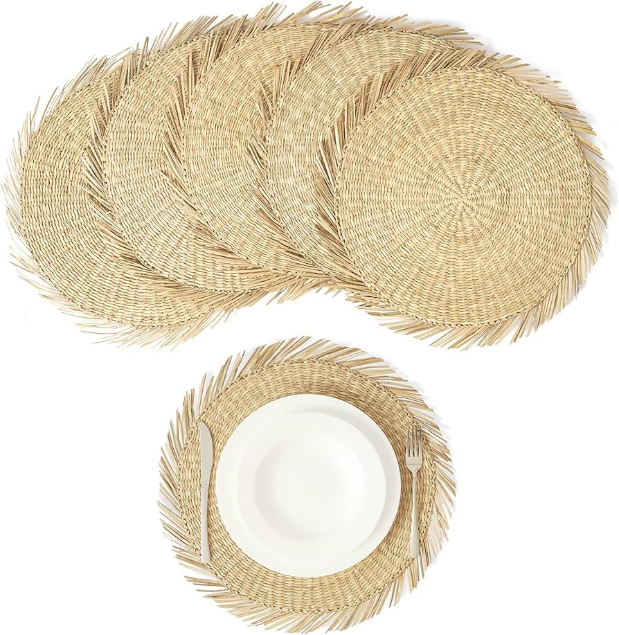 Artera Set of 6 Oversized Round Seagrass Placemat, 15" Round, Woven Table Mats, No-Slip Natural H... | Amazon (US)