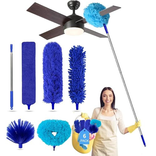 Tiumso Ceiling Fan Cleaner Dusters for Cleaning 6-in-1 Kit, Cobweb Duster with Extension Pole, 100 Inches High Ceiling Fan Blade Cleaners with 5 Reuseable Dusting Heads for Windows and Blinds- Blue | Amazon (US)
