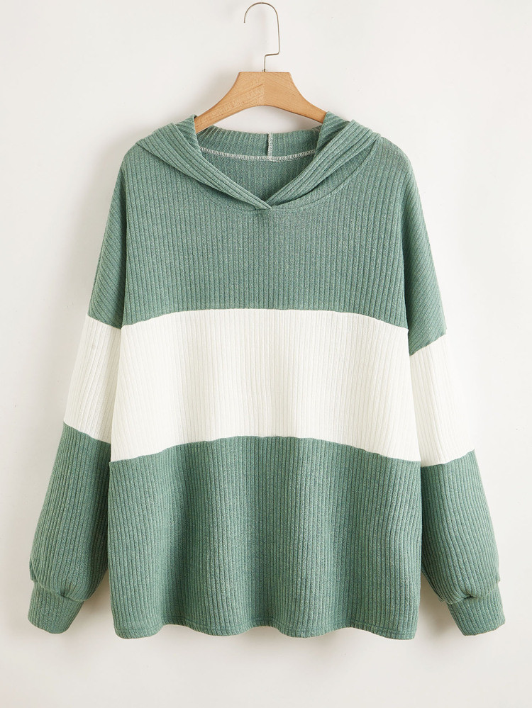 Plus Contrast Panel Ribbed Hoodie | SHEIN