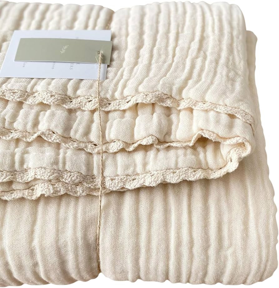 Cream Muslin Baby Blanket for Girls | 9 Layer Organic Lace Muslin Baby Girl Blanket | Gender Neut... | Amazon (US)