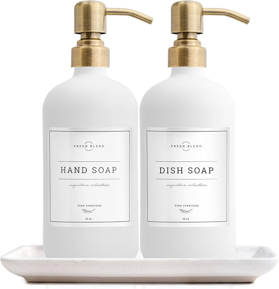 Vine Creations Glass Soap Dispenser, 2 Pack Kitchen Soap Dispenser Set with Ceramic Tray, Stainle... | Amazon (US)
