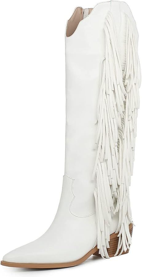 Cowgirl Fringe Boots For Women White Tassels Cowboy Boots Knee High Pointed Toe Western Boots | Amazon (US)