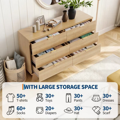 Spacious Storage Solution - 6 Drawer Dresser for Bedroom - Wide Fluted Chest with Gold Handles - Modern Organizer & TV Stand - Natural Oak | Target