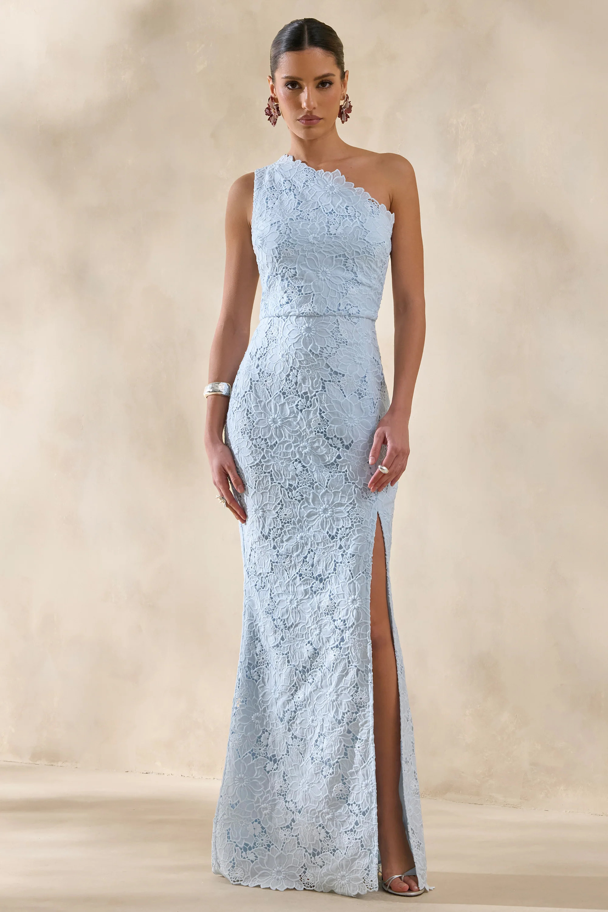 Lunia | Powder Blue Broderie Asymmetric-Neck Maxi Dress | Club L London