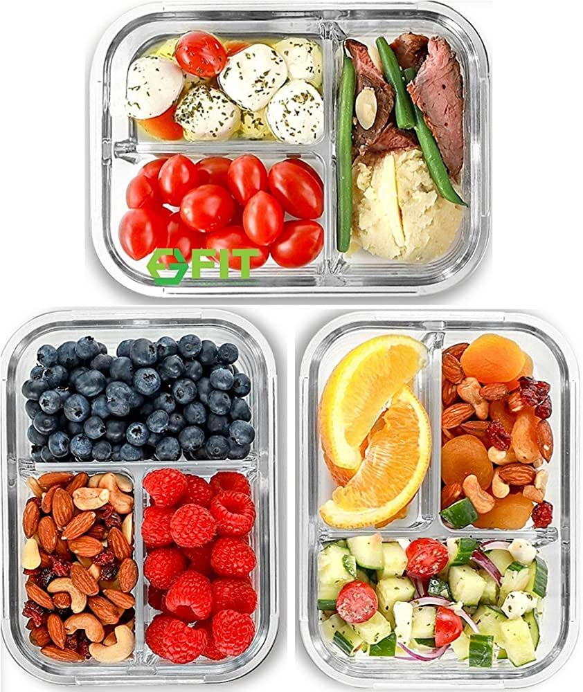 FIT Strong & Healthy 3 Compartment Glass Meal Prep Containers (3 Pack, 32 oz) - Glass Food Storag... | Amazon (US)