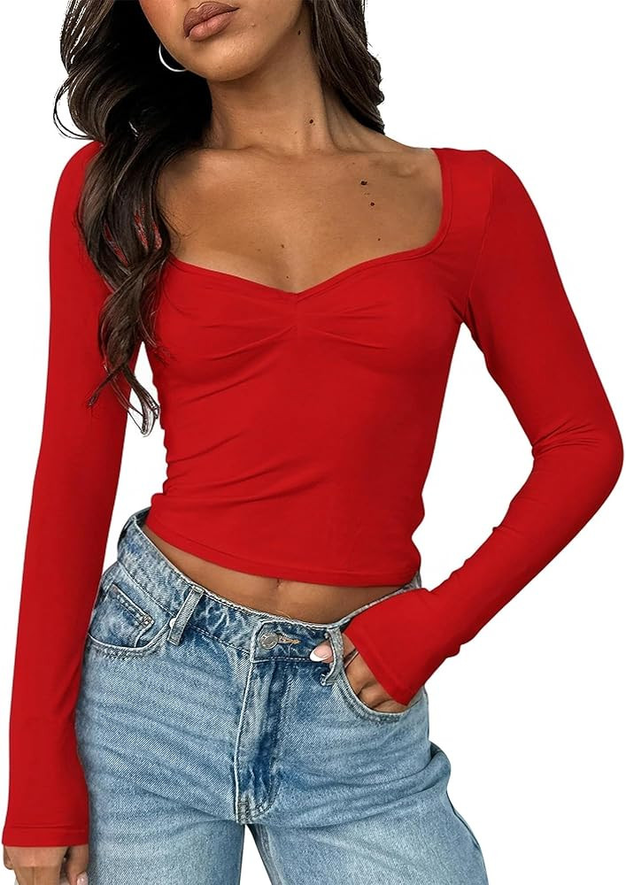 ForeFair Women's Sexy Long Sleeve Going Out Tops Pleated Bustier Shirt Cute Sweetheart Neck Y2K C... | Amazon (US)
