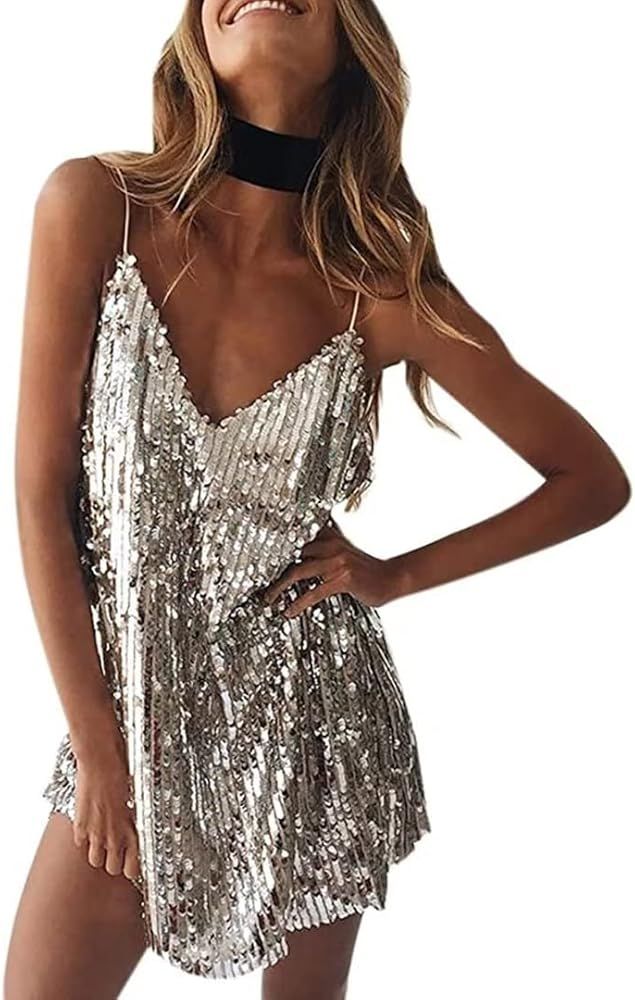 jeecoin Women's Glitter Sequin Dress Spaghetti Strap Bodycon Dress Deep V-Neck Club Party Mini Dr... | Amazon (US)