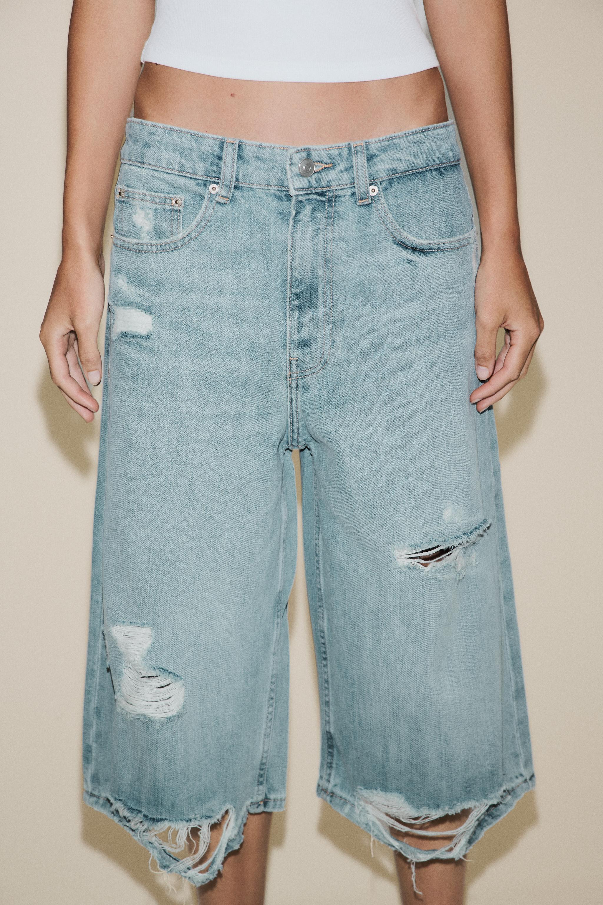 RIPPED LOW RISE TRF DENIM JORTS | Zara US