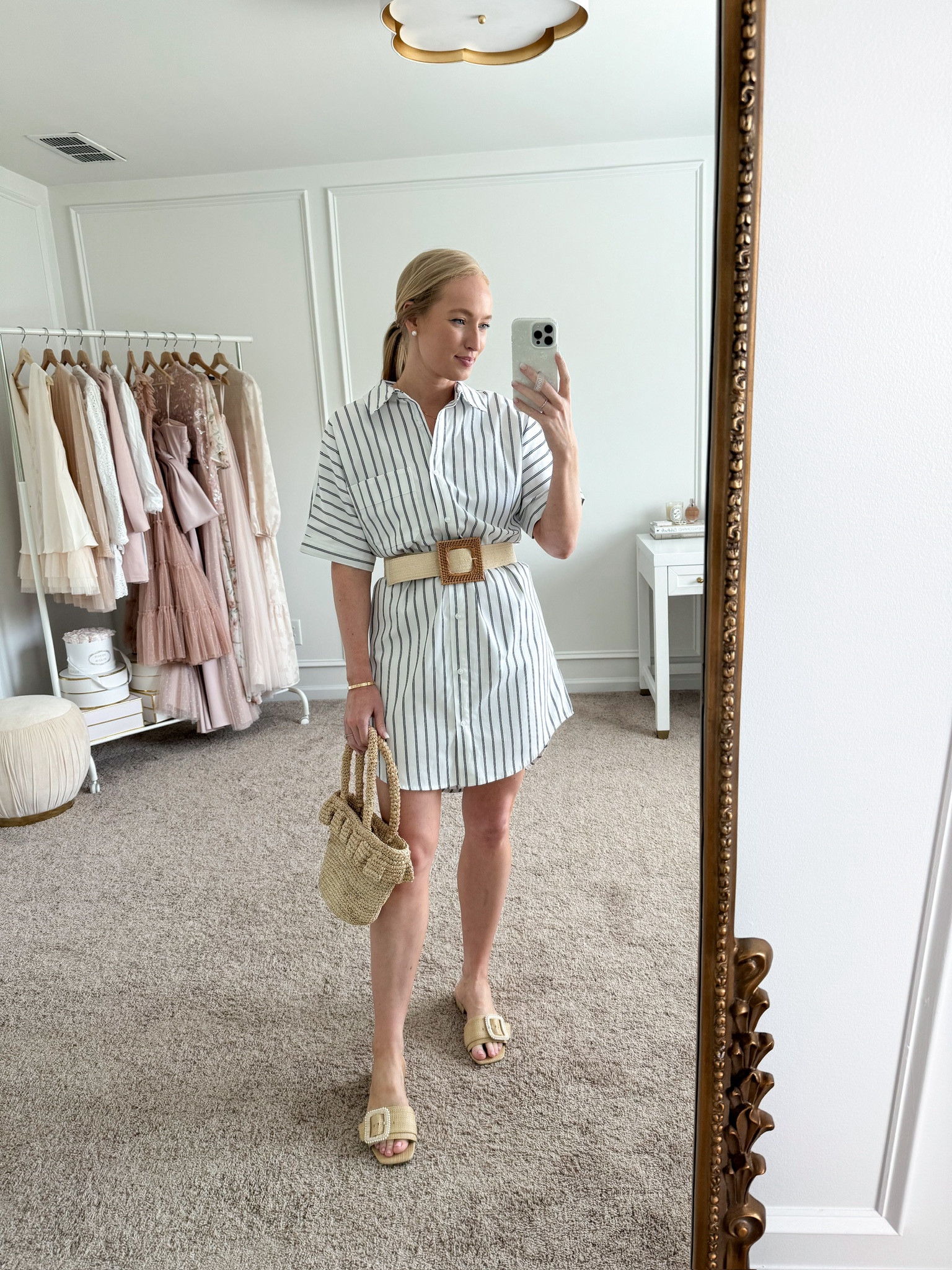This Target mini shirtdress, paired with a belt and slides, makes the perfect brunch and shopping outfit! Would also be a fun vacation look! Wearing size small in the dress. Summer outfits // daytime outfits // brunch outfits // resortwear // vacation outfits // target dresses // target finds // target fashion 