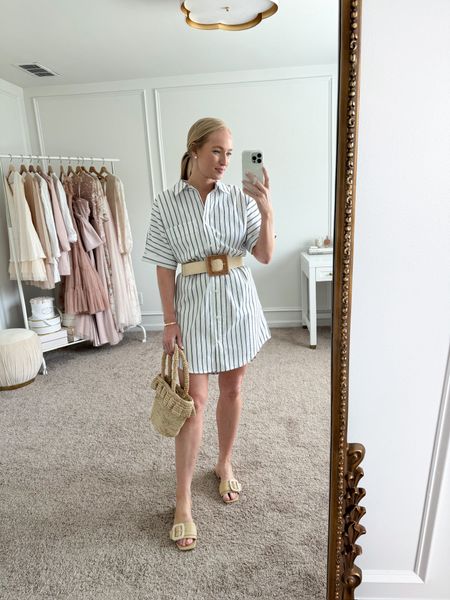 This Target mini shirtdress, paired with a belt and slides, makes the perfect brunch and shopping outfit! Would also be a fun vacation look! Wearing size small in the dress. Summer outfits // daytime outfits // brunch outfits // resortwear // vacation outfits // target dresses // target finds // target fashion 