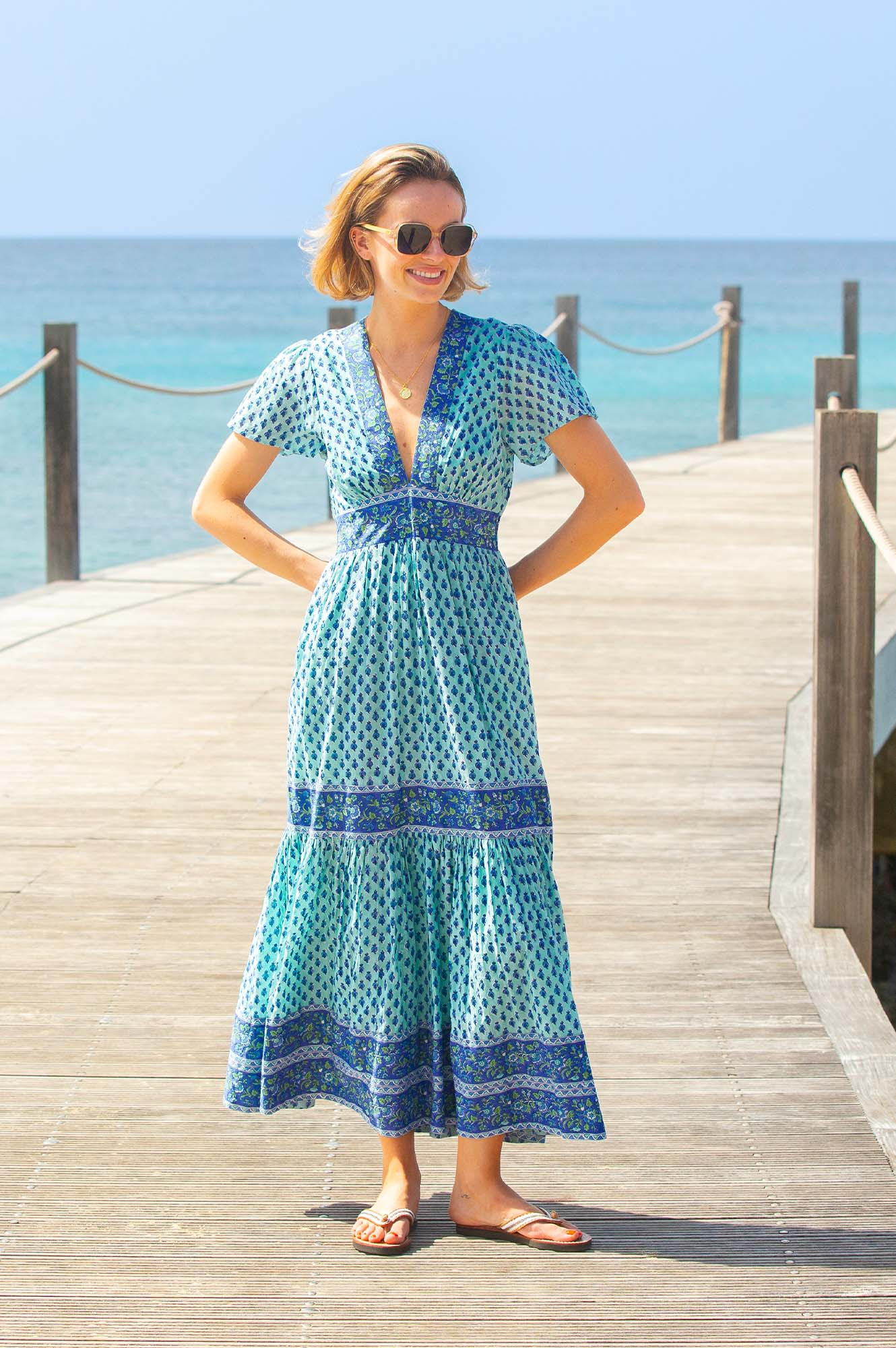 Pippa Short Sleeve Organic Cotton Block Print Dress | Buti Turquoise/Blue | Aspiga US