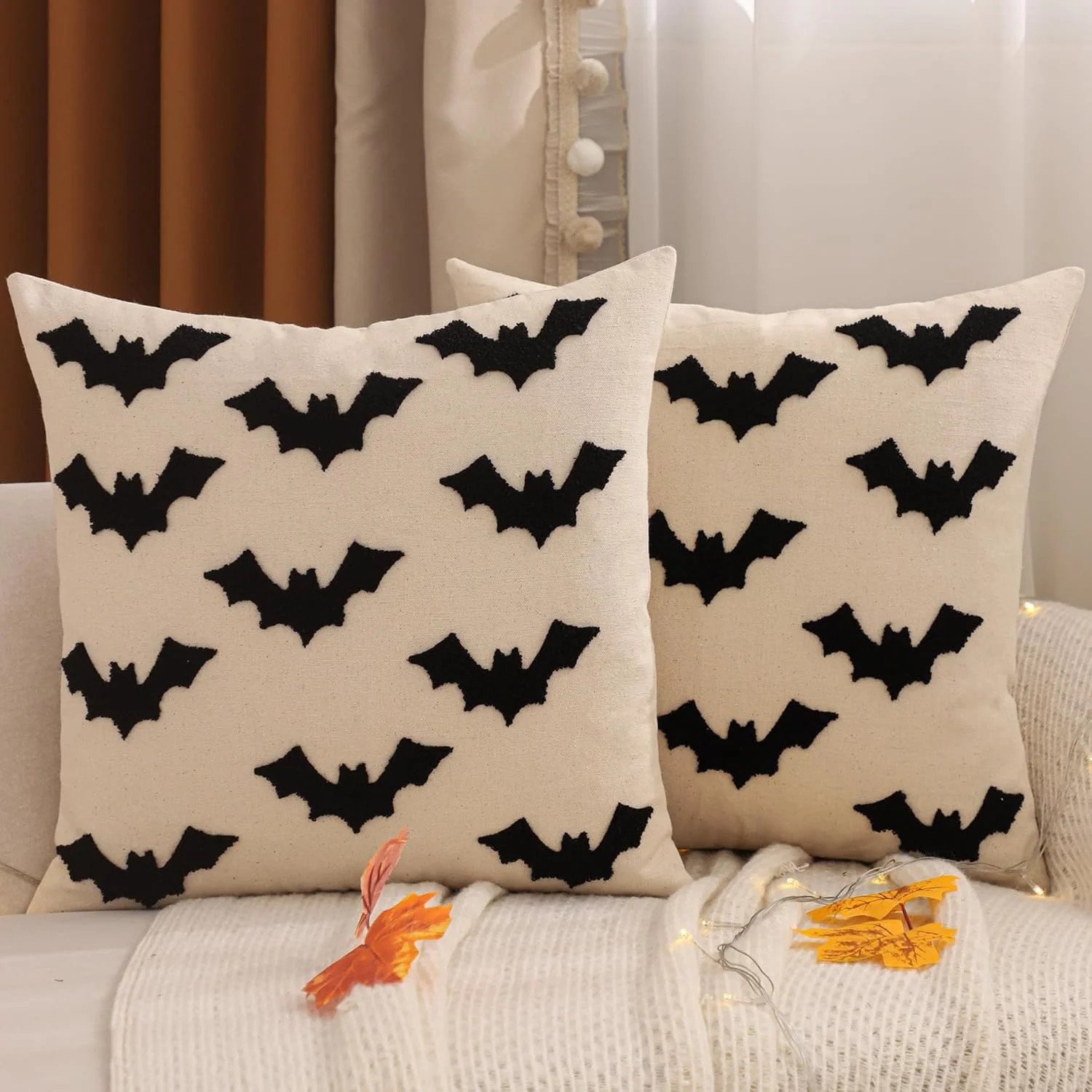 Halloween Throw Pillow Covers 18x18 inch Set of 2 Black 3D Bats Embroidery Pillow Cases Thanksgiv... | Walmart (US)