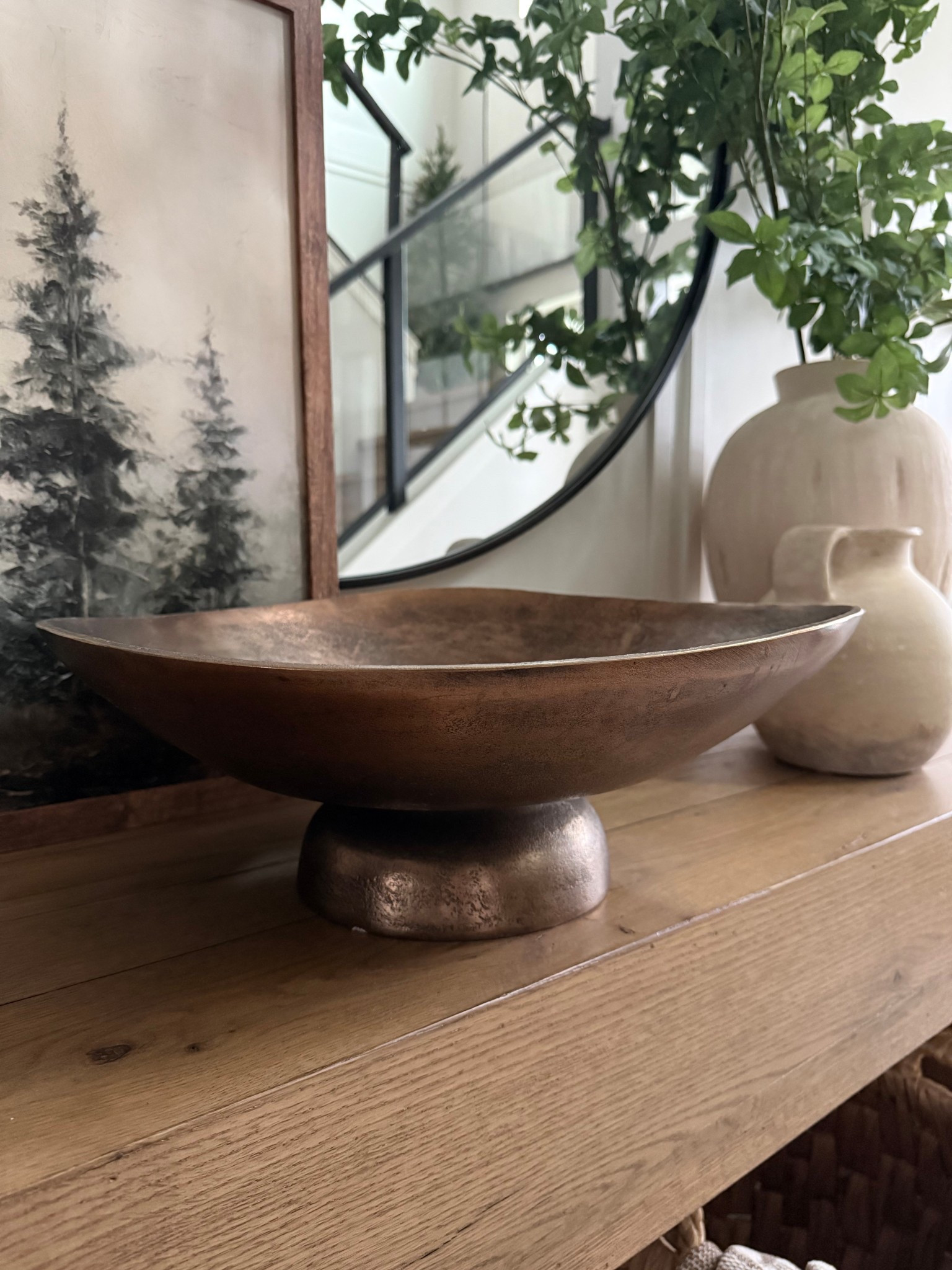 Gorgeous footed bowl.. new at Pottery Barn. A darkened bronze color and asymmetrical shape.
Such a beautiful statement piece! 
Available in two sizes, this is the large. 