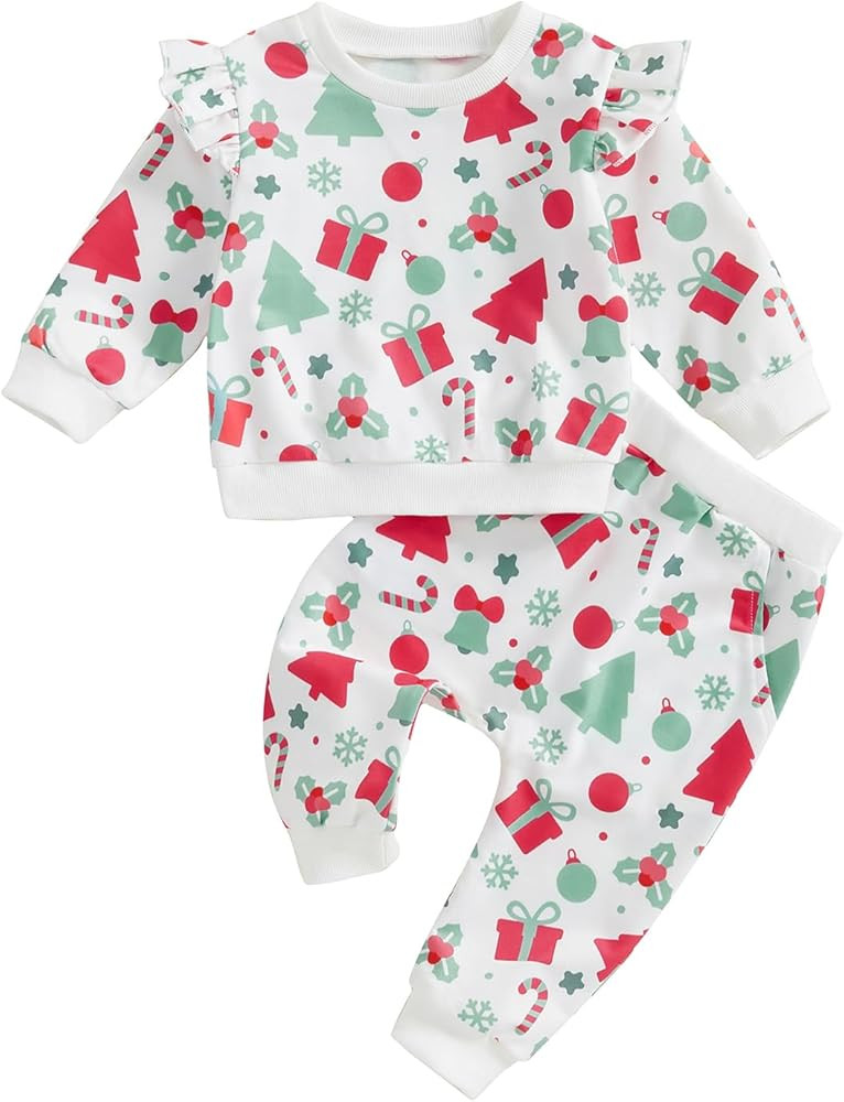 Toddler Girl Christmas Outfits Ruffle Shoulder Gift Box Tree Printed Sweatshirt Long Pants Fall W... | Amazon (US)