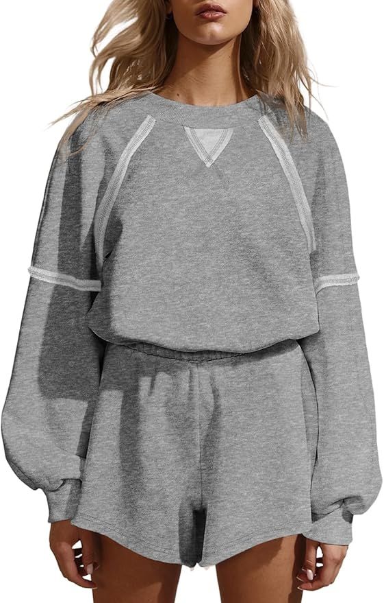 Aleumdr Women's 2 Piece Outfit Lounge Sets Oversized Pullover Sweatsuit Long Sleeve Top with Shor... | Amazon (US)