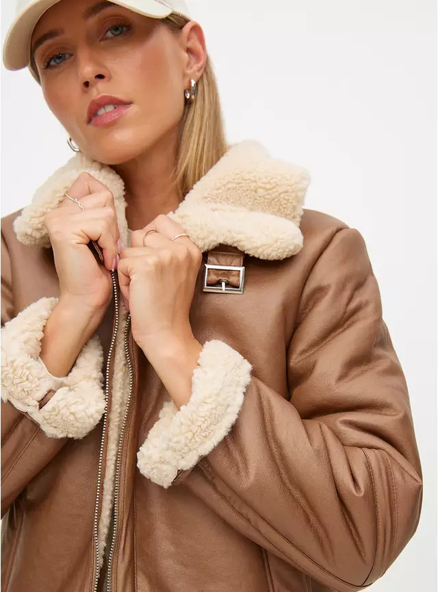 Buy Tan Faux Leather Shearling Biker Jacket 10 | Jackets | Tu | Tu Clothing
