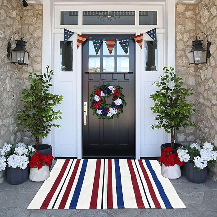 Blue/White/Red Striped Rug 4th of July Door Mat 27.5'' x 43'' Summer Front Porch Rug Independence... | Amazon (US)