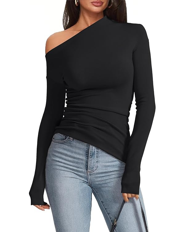Women's Sexy Off Shoulder Tops Dressy Long Sleeve Asymmetrical Slim Fit Going Out Fall Blouse Ruc... | Amazon (US)