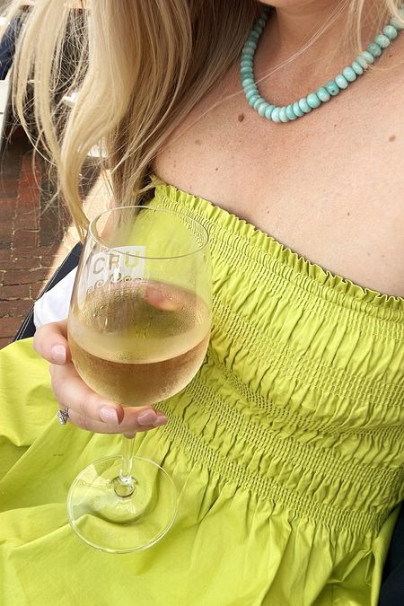 Summer color crush 🩵💛💚 I’m in a XS in the dress. Exact necklace is genuine turquoise by a Charleston- based brand Theodosia, but very similar linked! 