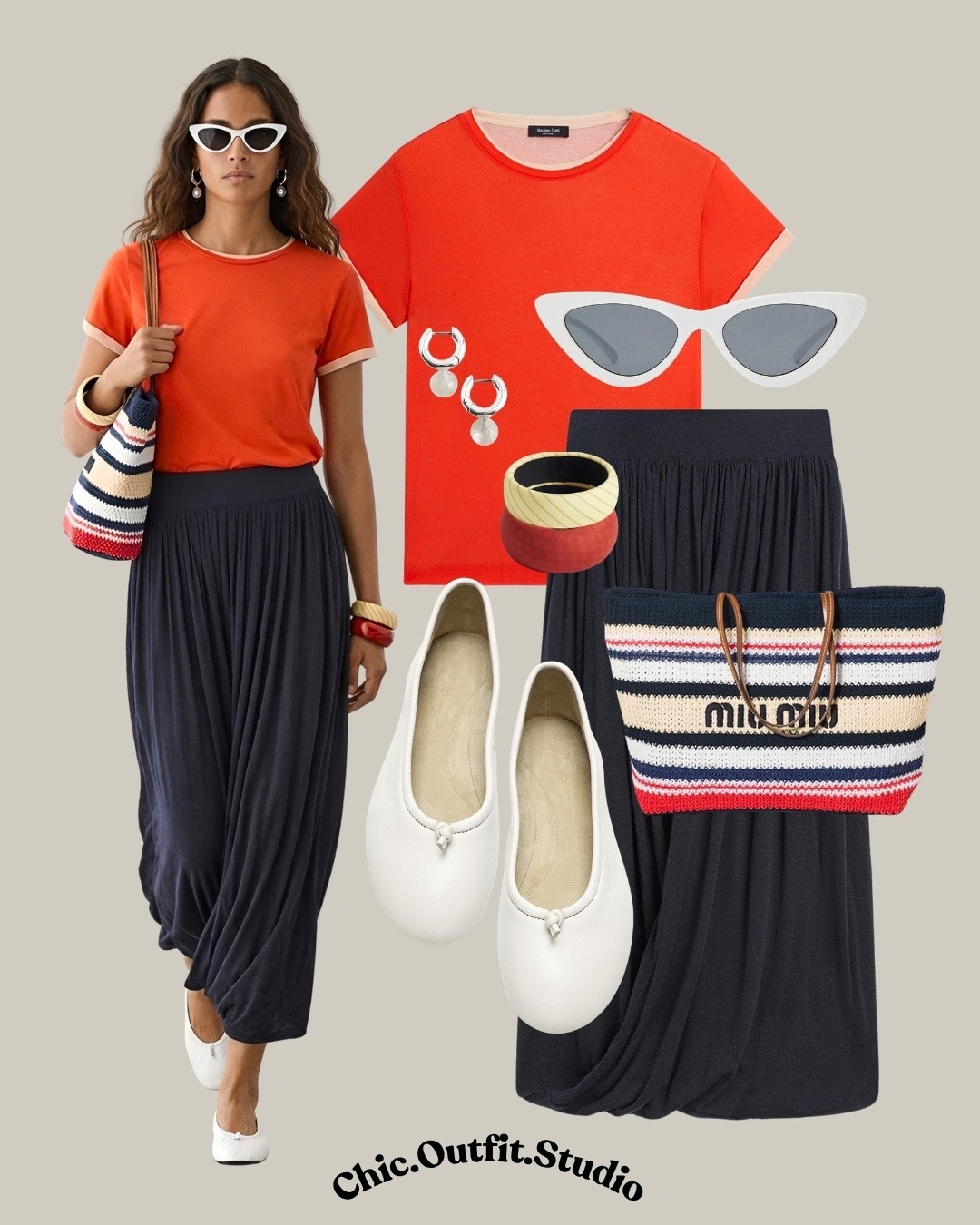 Red Double-Layer Tee & Navy Draped Balloon Midi Skirt

✨This vibrant red double-layer short sleeve T-shirt paired with a navy draped balloon midi skirt creates an effortlessly elevated summer look that blends comfort with modern elegance. The premium double-layer tee offers a clean, polished finish, while the voluminous draped silhouette adds movement and a contemporary edge. Styled with white ballet flats and a striped woven tote, it's the perfect outfit for weekend brunches, sightseeing, travel days, museum visits, casual office looks, or chic city strolls.

✨Tags: red double layer t-shirt outfit, draped balloon midi skirt, navy balloon skirt outfit, red t-shirt outfit women, elevated casual summer outfit, European summer style, elegant everyday outfit, travel outfit women, smart casual summer look, comfortable chic fashion, French inspired style, minimalist summer wardrobe, classy weekend outfit, modern feminine fashion, effortless city style

#LTKsummer #LTKstyletip #LTKshoes