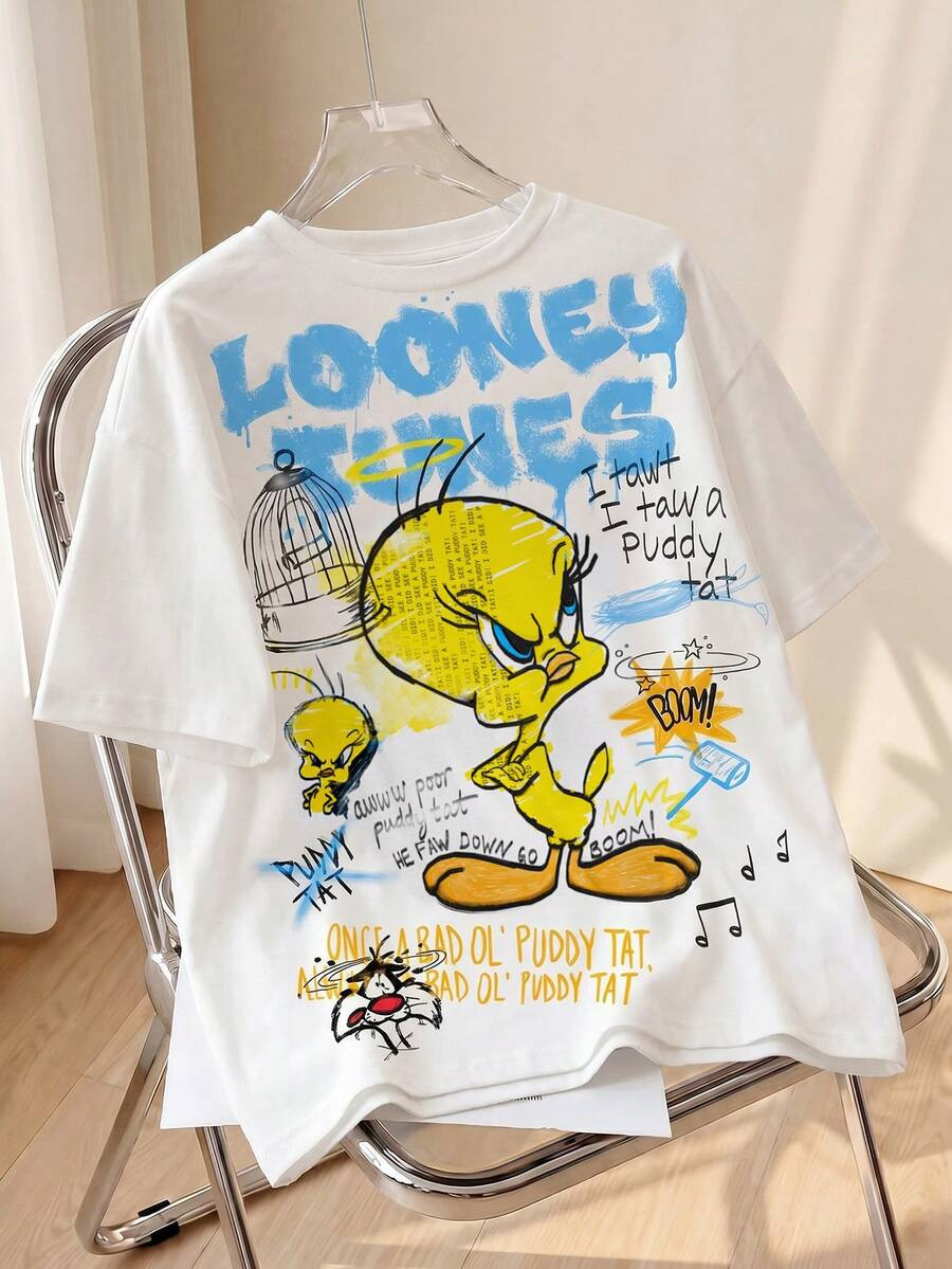 LOONEY TUNES X SHEIN Women's All-Over Print Cartoon Pattern Crew Neck Pullover Short Sleeve T-Shirt | SHEIN