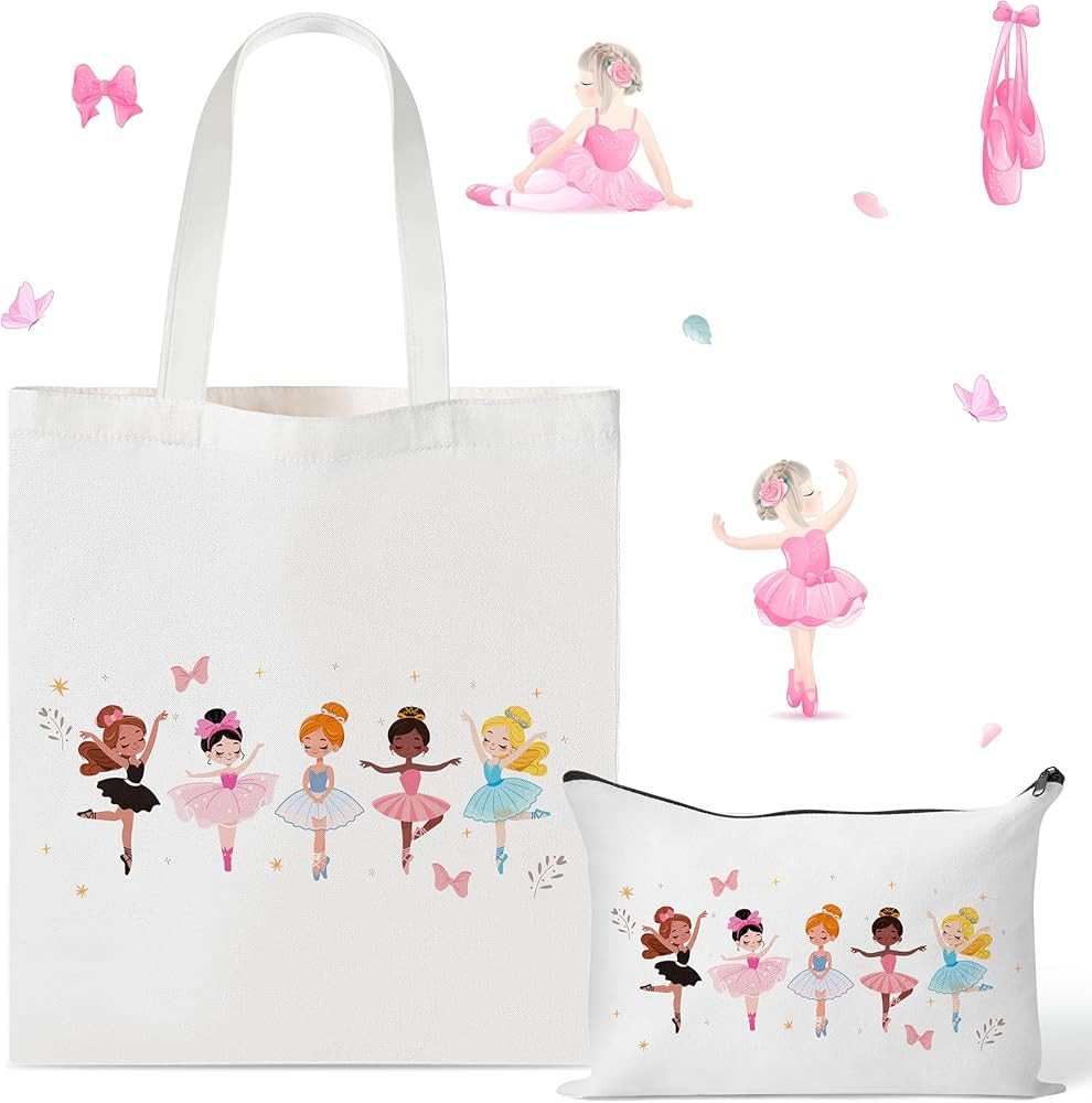 Y1tvei Ballerina Canvas Bag Set- Cute Dancing Girls Canvas Tote Bag Makeup Pouch with Inner Pocke... | Amazon (US)