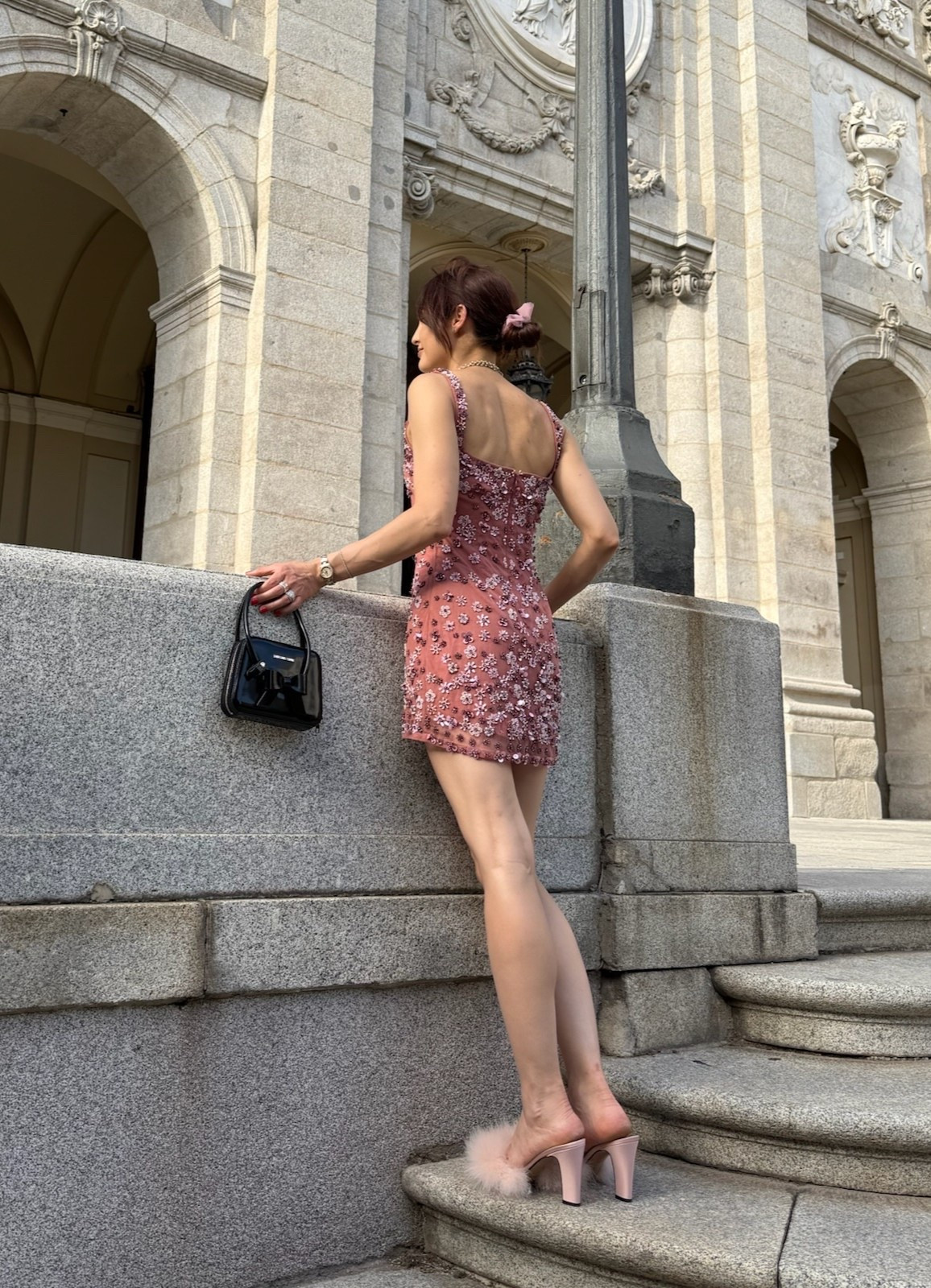 Obsessed with this glam look for your next night out or special event! ✨ Rose gold embellished mini dress paired with dramatic feather heels, a bold giant pearl statement necklace, and a sleek black top-handle. 💖🛍️

#LTKootd #LTKU #LTKgrwm