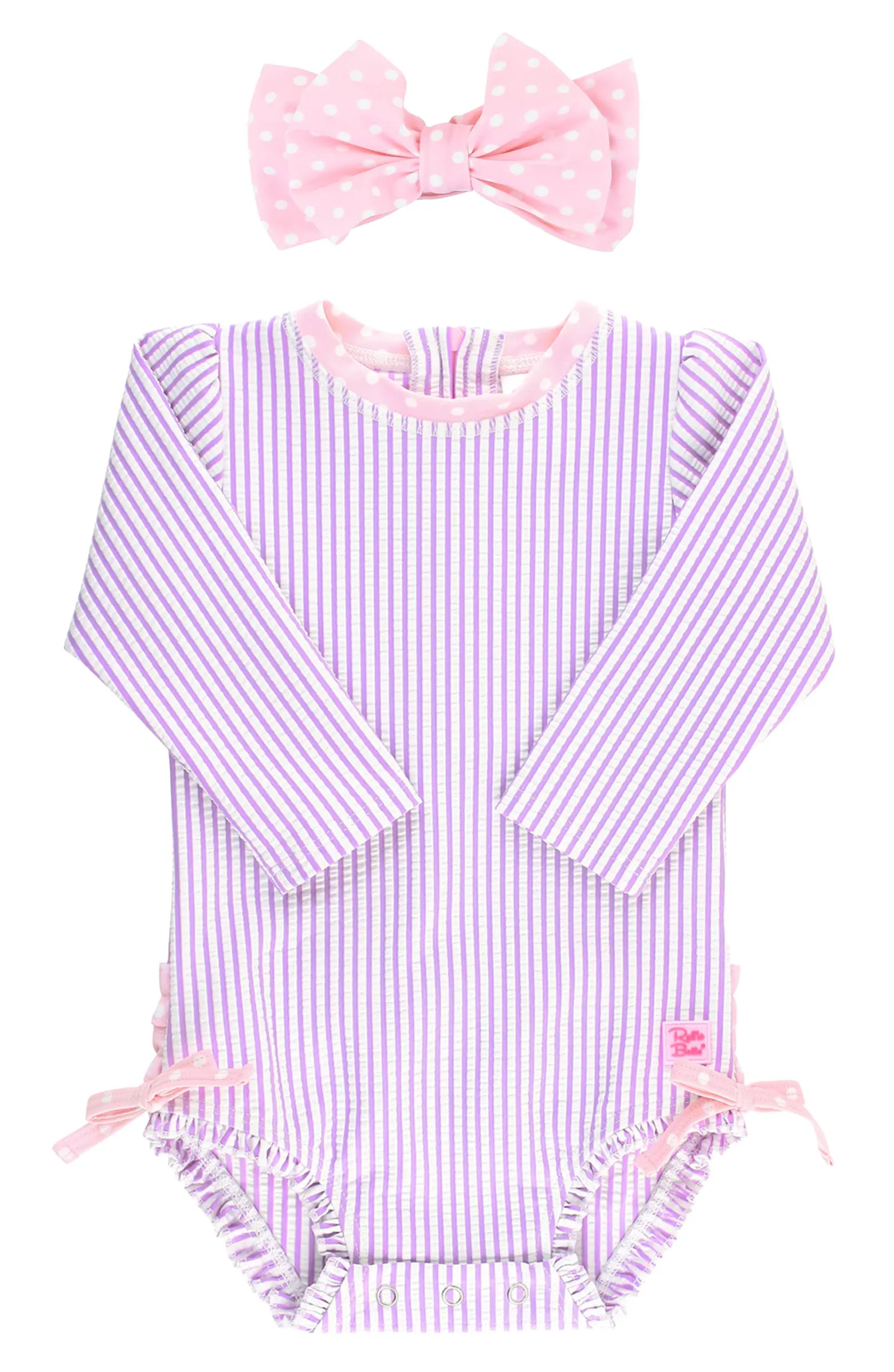 RuffleButts Lilac Seersucker One-Piece Swimsuit & Headband Set | Nordstrom | Nordstrom