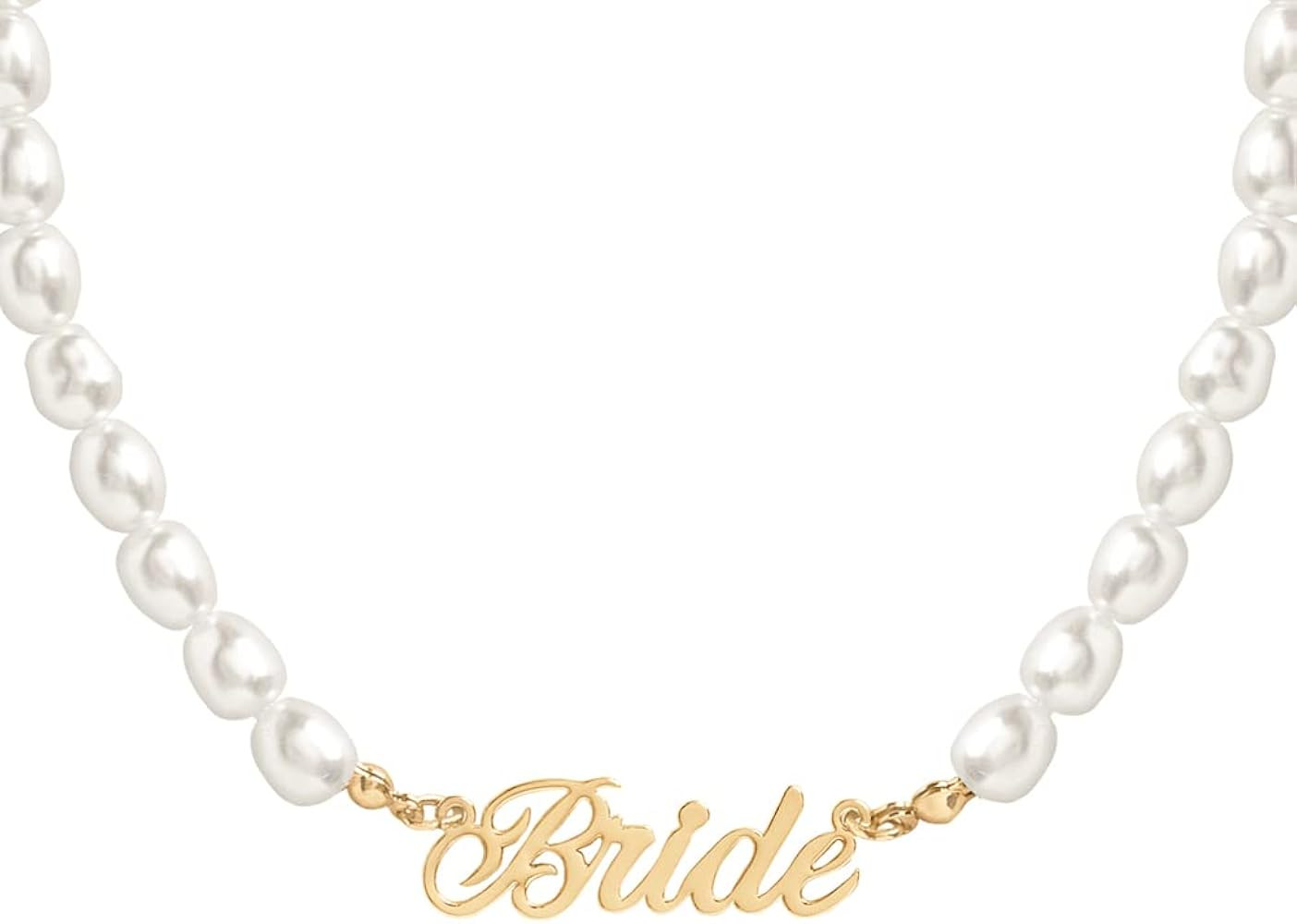 xo, Fetti Bride Pearl Beaded Necklace, 16" Choker, Bride Gold Nameplate | Bachelorette Party Deco... | Amazon (US)