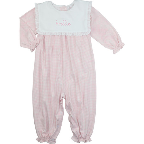 Pink Gingham Knit Eyelet Long Bubble | Cecil and Lou