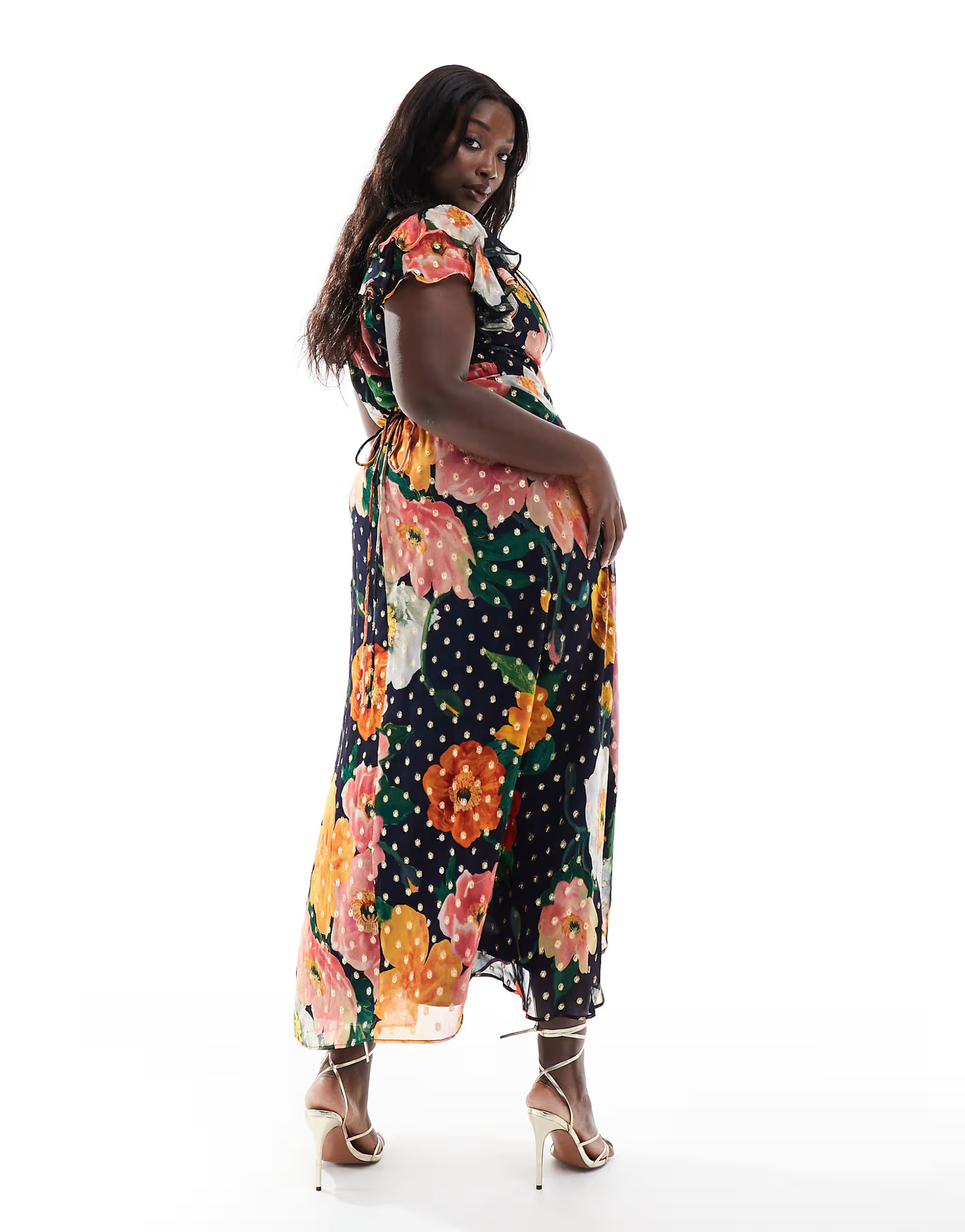 Hope & Ivy Plus frill sleeve midaxi wrap dress with tie waist in navy floral | ASOS (Global)