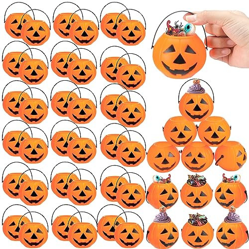 50 Halloween Mini Pumpkins Bucket Plastic Halloween Pumpkins Bucket Trick or Treat Storage Bulk Halloween Candy Holders Container for Kids for Halloween Decorations Gift Party Supplies | Amazon (US)