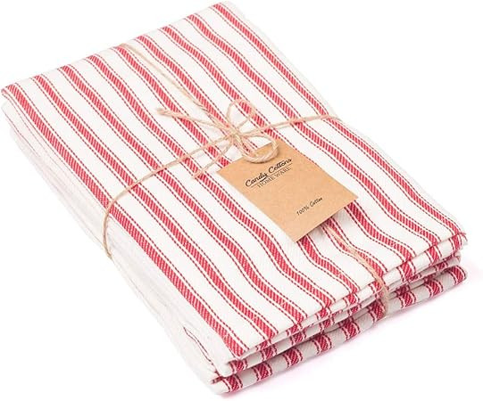 Christmas Napkins - 100% Pure Cotton Dinner Napkins, Red & White French Stripes (Pack of 6 – 18... | Amazon (US)