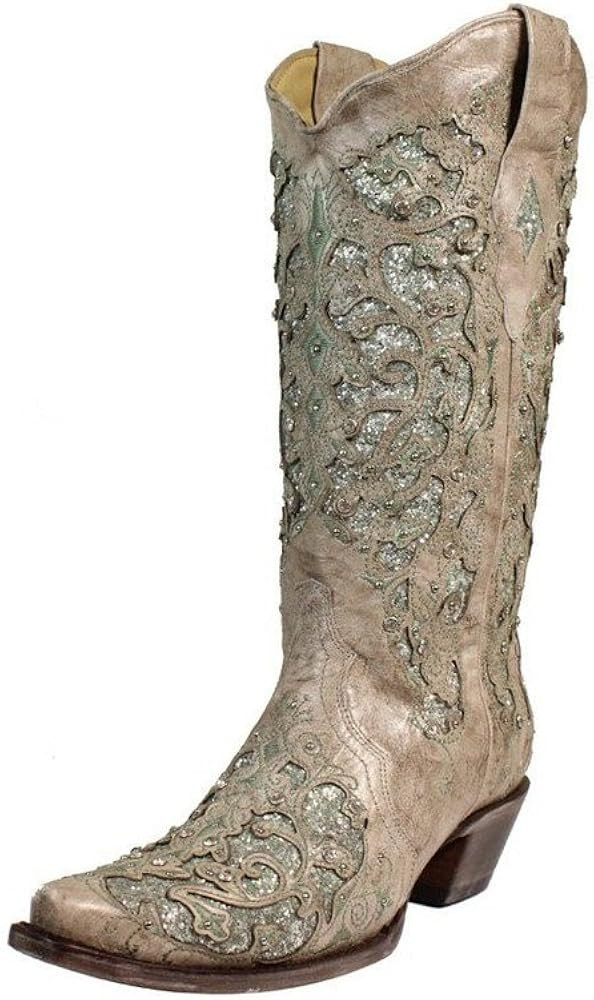 Corral Women's 13-inch White/Green Glitter Inlay & Crystals Pull-On Cowboy Boots - Sizes 5-12 B | Amazon (US)