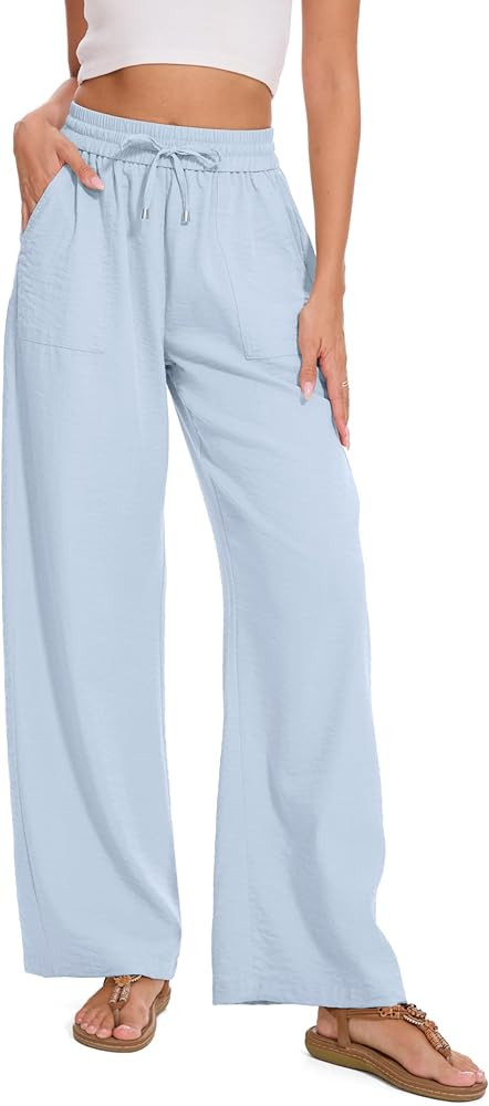 FUNYYZO 2025 Women Summer Pants Drawstring Waist Wide Leg Pants Loose Fit with Pockets Pull On | Amazon (US)