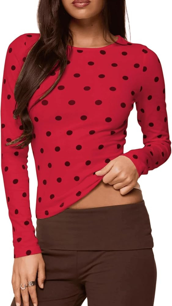 Seyumixi Polka Dot Tops for Women Y2K Long Sleeve Crop Top Vintage Cute Slim Fit Crew Neck Shirt ... | Amazon (US)