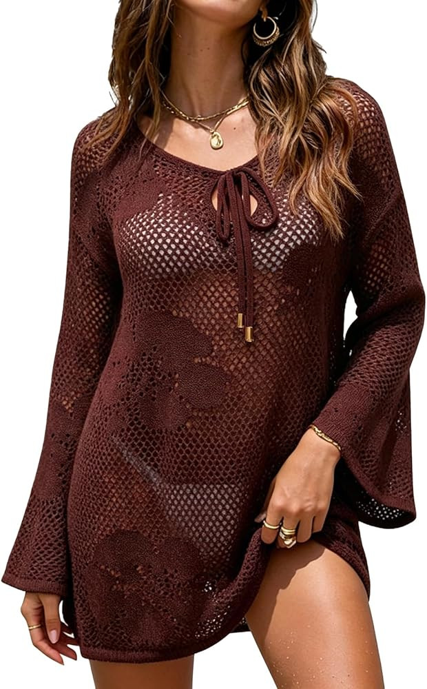 Womens Swimsuits Crochet Swim Cover Ups 2026 Summer Long Sleeve Bathing Suit Swimwear Beach Dress... | Amazon (US)