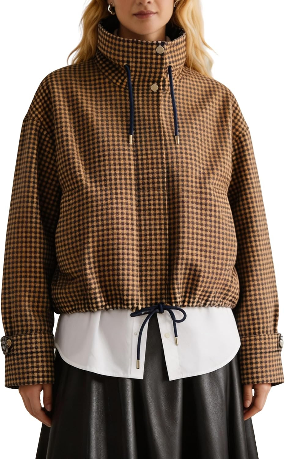 Womens Gingham Zip Up Bomber Jacket Funnel Neck Cropped Jacket | Amazon (US)