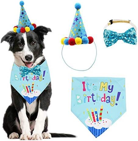 ADOGGYGO Dog Birthday Bandana Scarf and Dog Girl Boy Birthday Party Hat with Cute Dog Bow Tie Col... | Amazon (US)