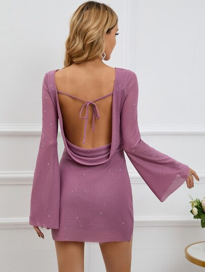 PARTHEA Tie Backless Draped Detail Flounce Sleeve Glitter Mesh Dress
       
              
     ... | SHEIN