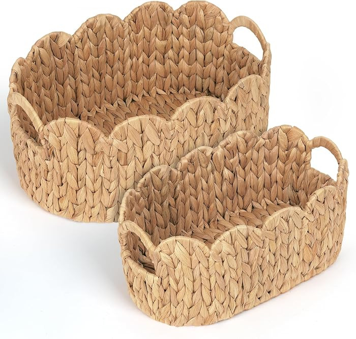 iEGrow Scalloped Wicker Basket, Set of 2 Hand-Woven Natural Rattan Baskets with Built-in Handles, Water Hyacinth Storage Oval Cute Baby Baskets for Nursery, Organizing, Decor and Shelves | Amazon (US)