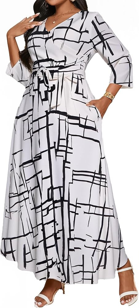 PINTORESCO Plus Size Dress Printed for Women V-Neck 3/4 Sleeve with Belt | Amazon (US)