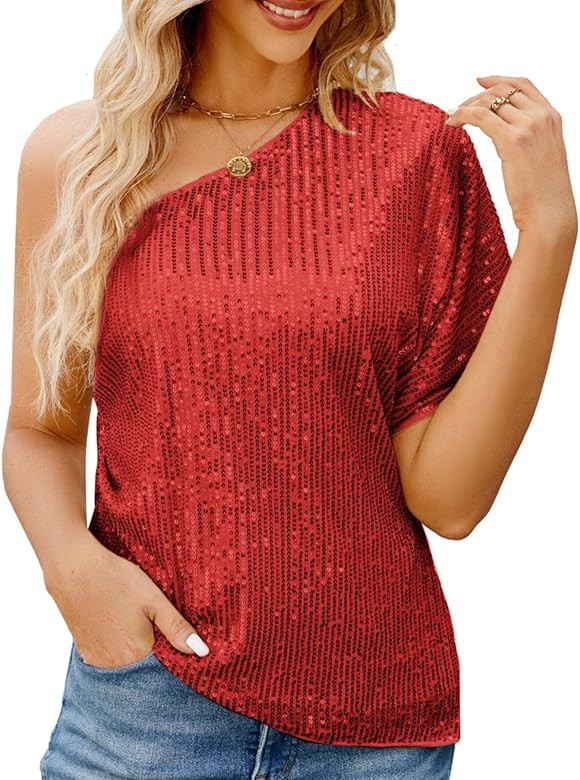 JASAMBAC Sparkle Sequin Tops for Women One Shoulder Sexy Shiny Bling Camisole for Glitter Party | Amazon (US)