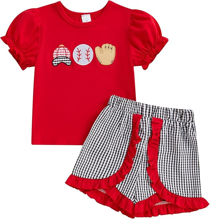 fhutpw Toddler Baby Girls Summer Clothes Smocked Short Sleeve T-Shirt Tops Ruffled Plaid Short Se... | Amazon (US)